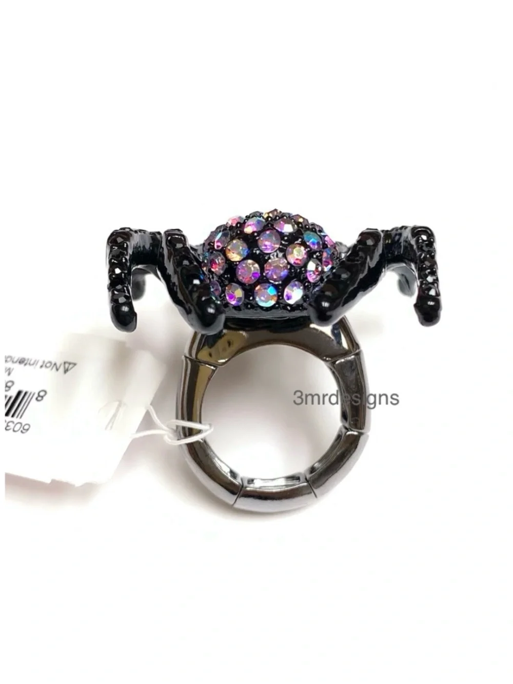 NWT Betsey Johnson 💋BLACK SPIDER Hematite Tone Iridescent Stones Stretch Ring